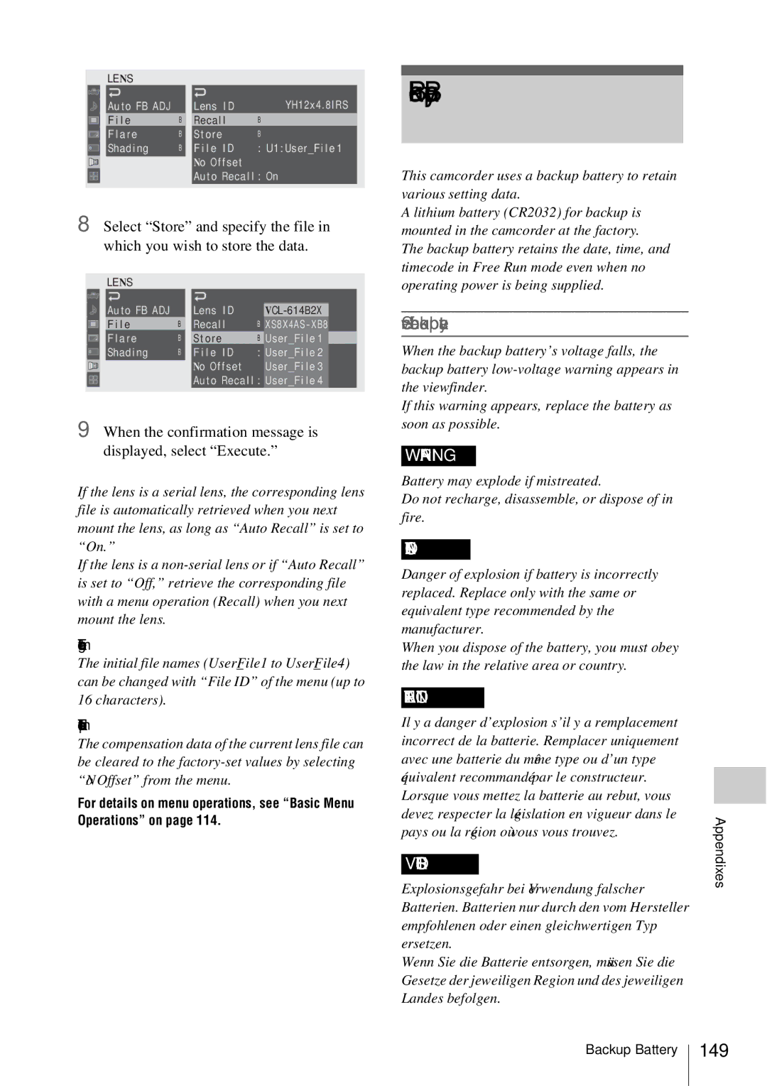 Sony PMW-EX3 manual Backup Battery, Service life of the backup battery, 149, To change the file name 