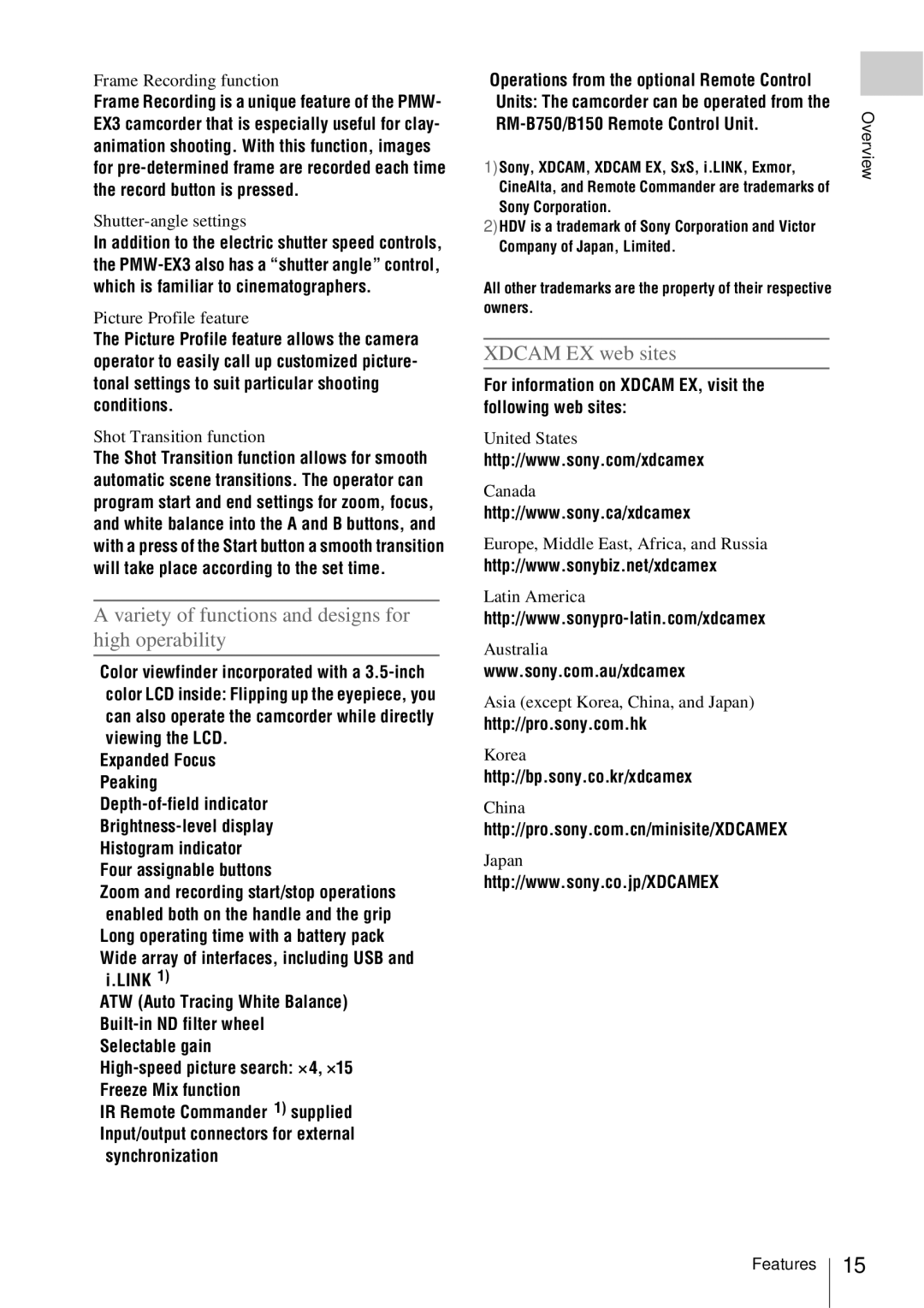 Sony PMW-EX3 manual Variety of functions and designs for high operability, Xdcam EX web sites 