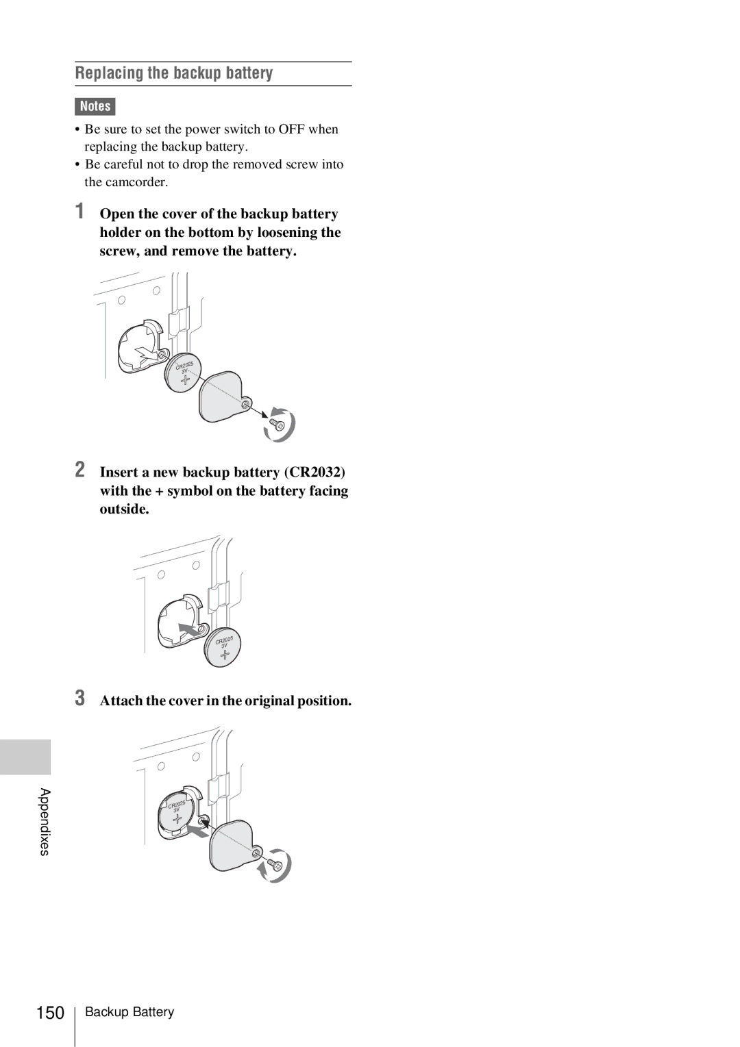 Sony PMW-EX3 manual Replacing the backup battery, 150, Attach the cover in the original position 