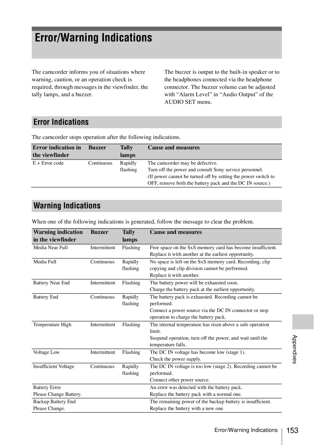 Sony PMW-EX3 manual Error/Warning Indications, Error Indications, 153, Buzzer Tally Cause and measures Viewfinder Lamps 