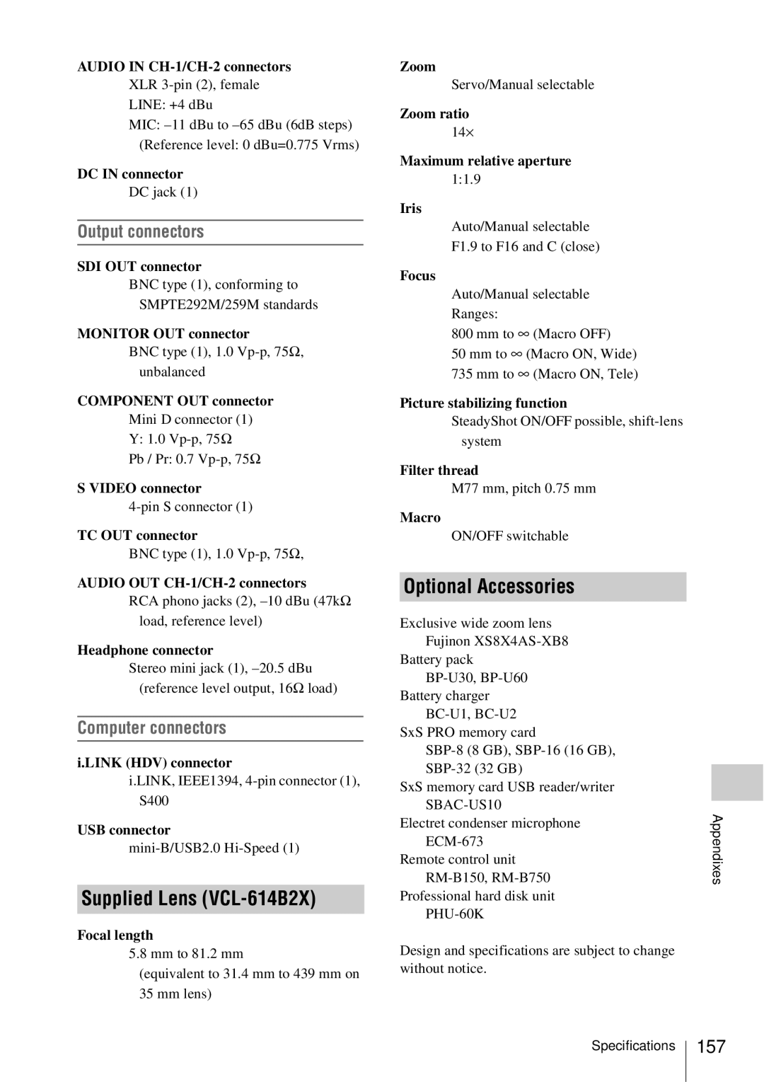 Sony PMW-EX3 manual Supplied Lens VCL-614B2X, Optional Accessories, Output connectors, Computer connectors, 157 