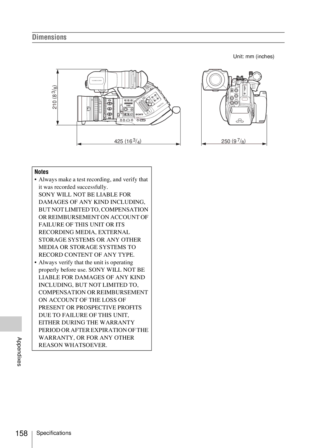 Sony PMW-EX3 manual Dimensions, 158, Unit mm inches 