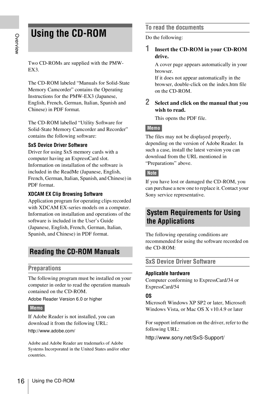 Sony PMW-EX3 manual Using the CD-ROM, Reading the CD-ROM Manuals, System Requirements for Using the Applications 