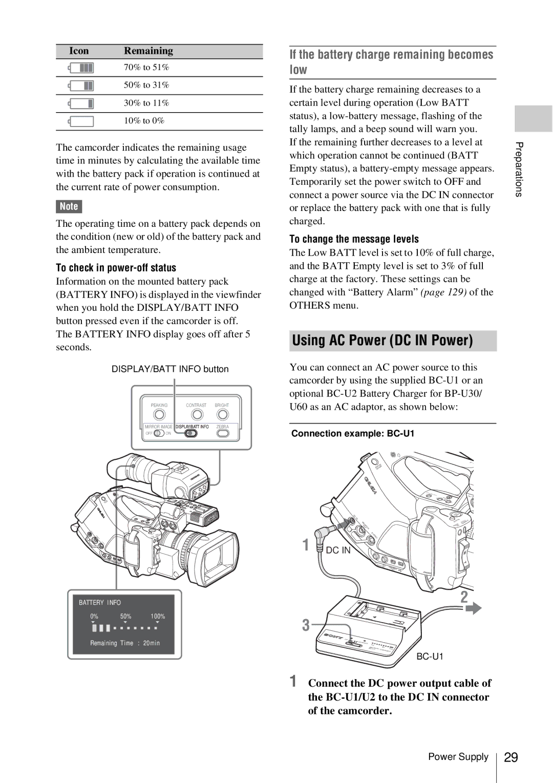 Sony PMW-EX3 manual Using AC Power DC in Power, If the battery charge remaining becomes low, To check in power-off status 