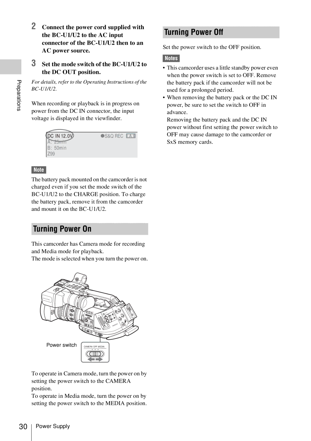 Sony PMW-EX3 manual Turning Power On, Turning Power Off 