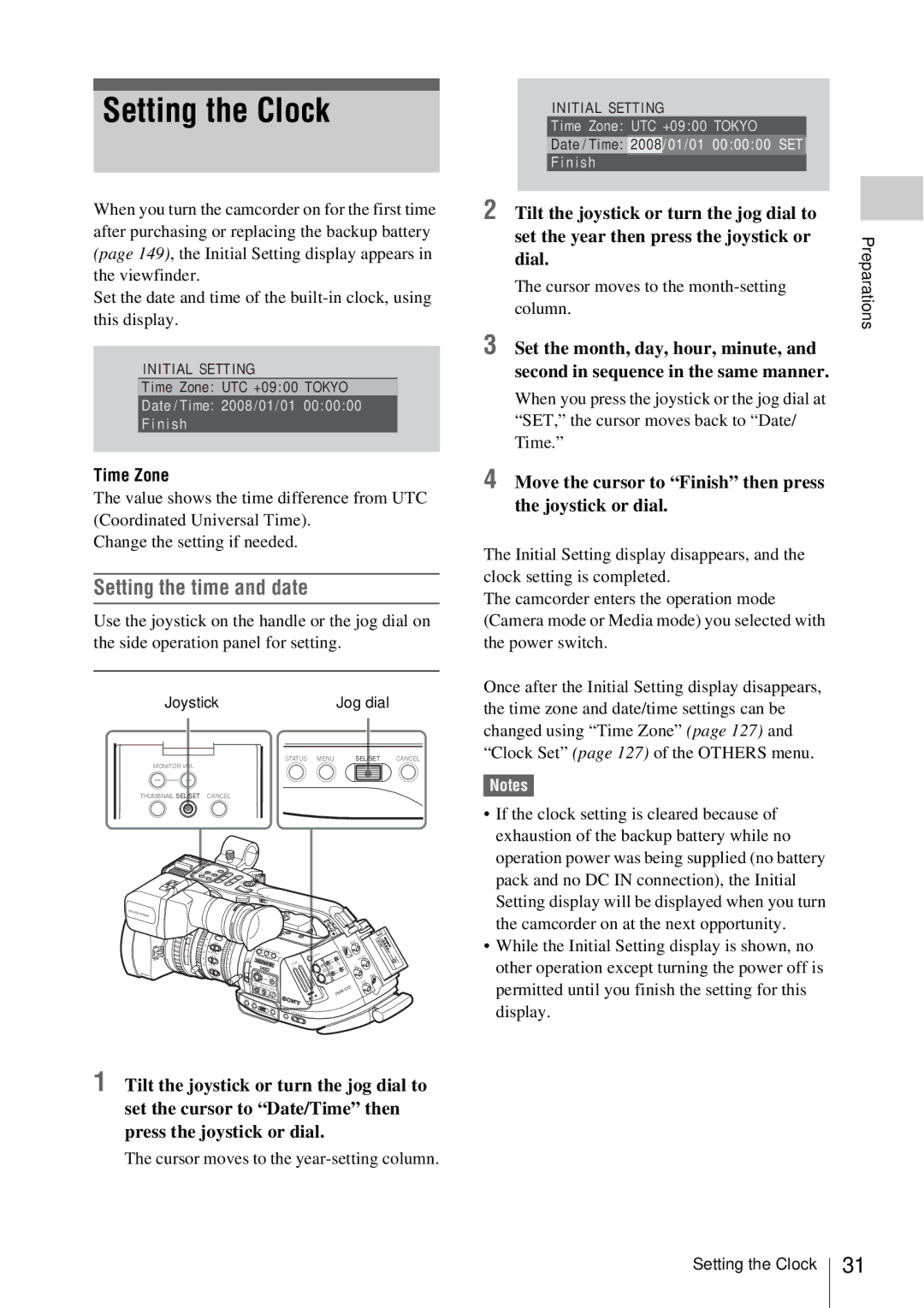 Sony PMW-EX3 manual Setting the Clock, Setting the time and date, Time Zone 