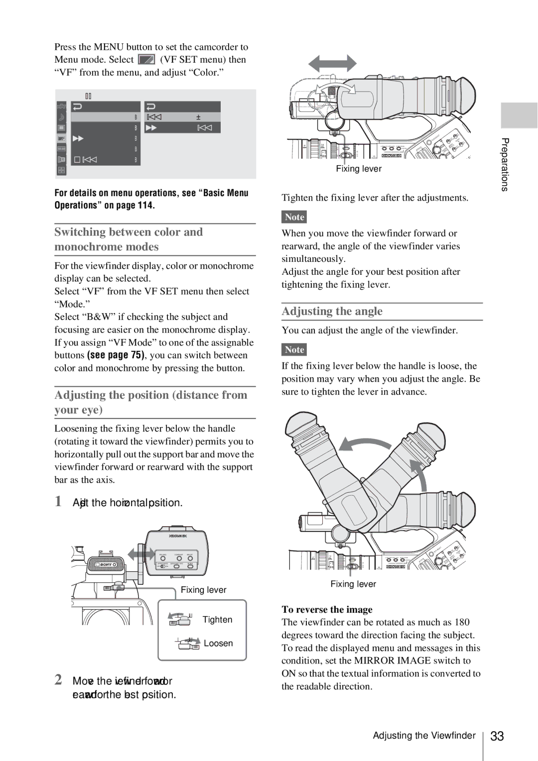 Sony PMW-EX3 manual Adjusting the position distance from your eye, Adjusting the angle, Adjust the horizontal position 