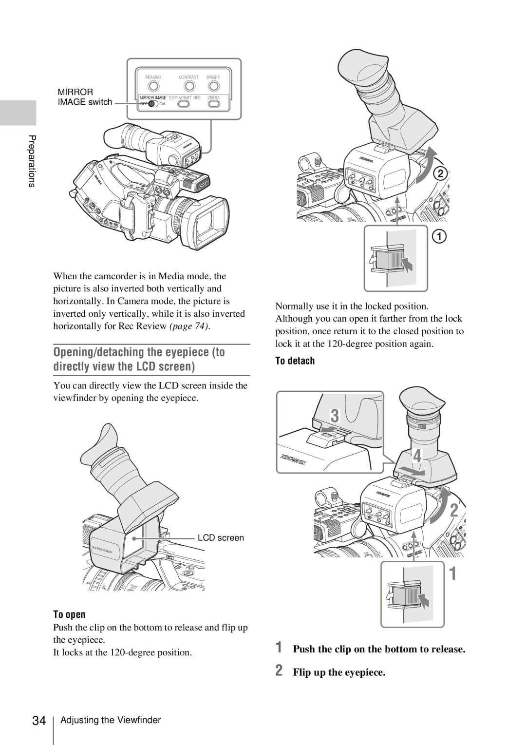 Sony PMW-EX3 manual To open, To detach, Push the clip on the bottom to release Flip up the eyepiece, LCD screen 