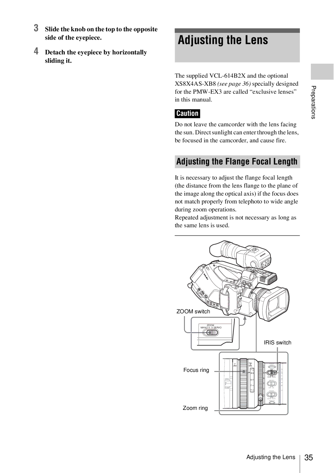 Sony Adjusting the Lens, Adjusting the Flange Focal Length, For the PMW-EX3 are called exclusive lenses, This manual 