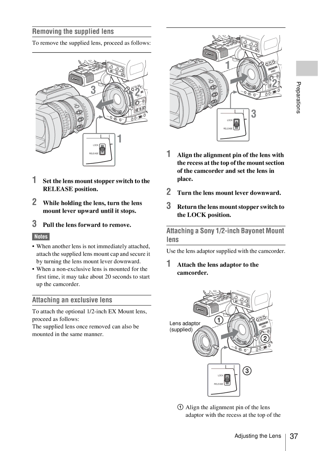 Sony PMW-EX3 manual Removing the supplied lens, Attaching an exclusive lens, Pull the lens forward to remove 