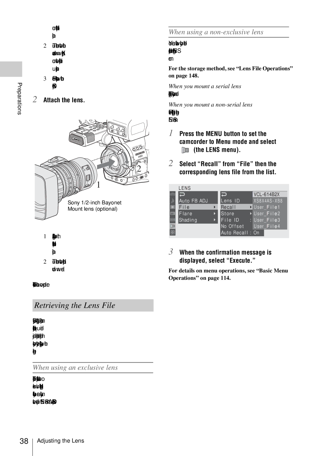 Sony PMW-EX3 manual Retrieving the Lens File, When using a non-exclusive lens, When using an exclusive lens 