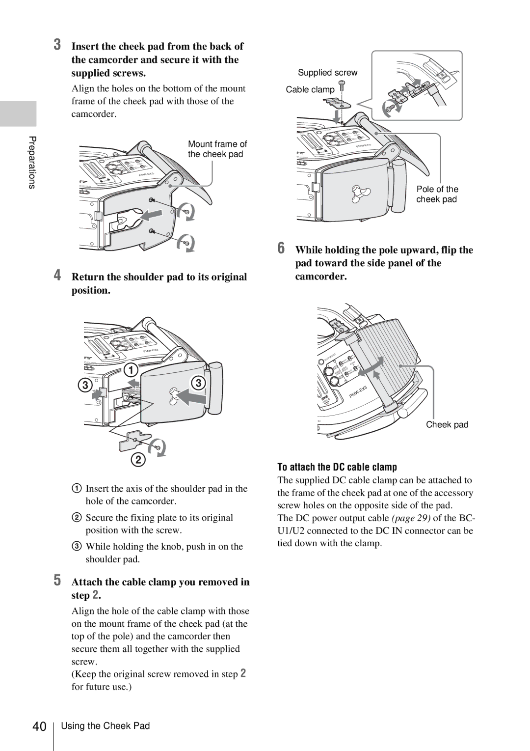 Sony PMW-EX3 manual Return the shoulder pad to its original position, Attach the cable clamp you removed in step 