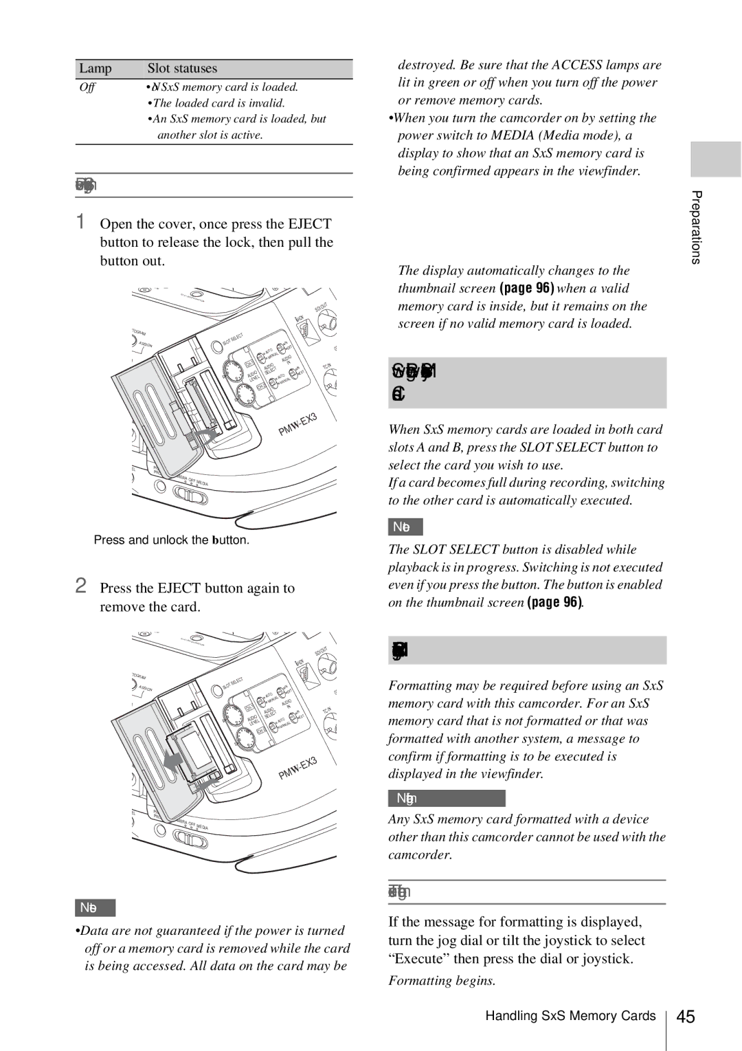 Sony PMW-EX3 manual Switching Between SxS Memory Cards, Formatting an SxS Memory Card, Removing an SxS memory card 