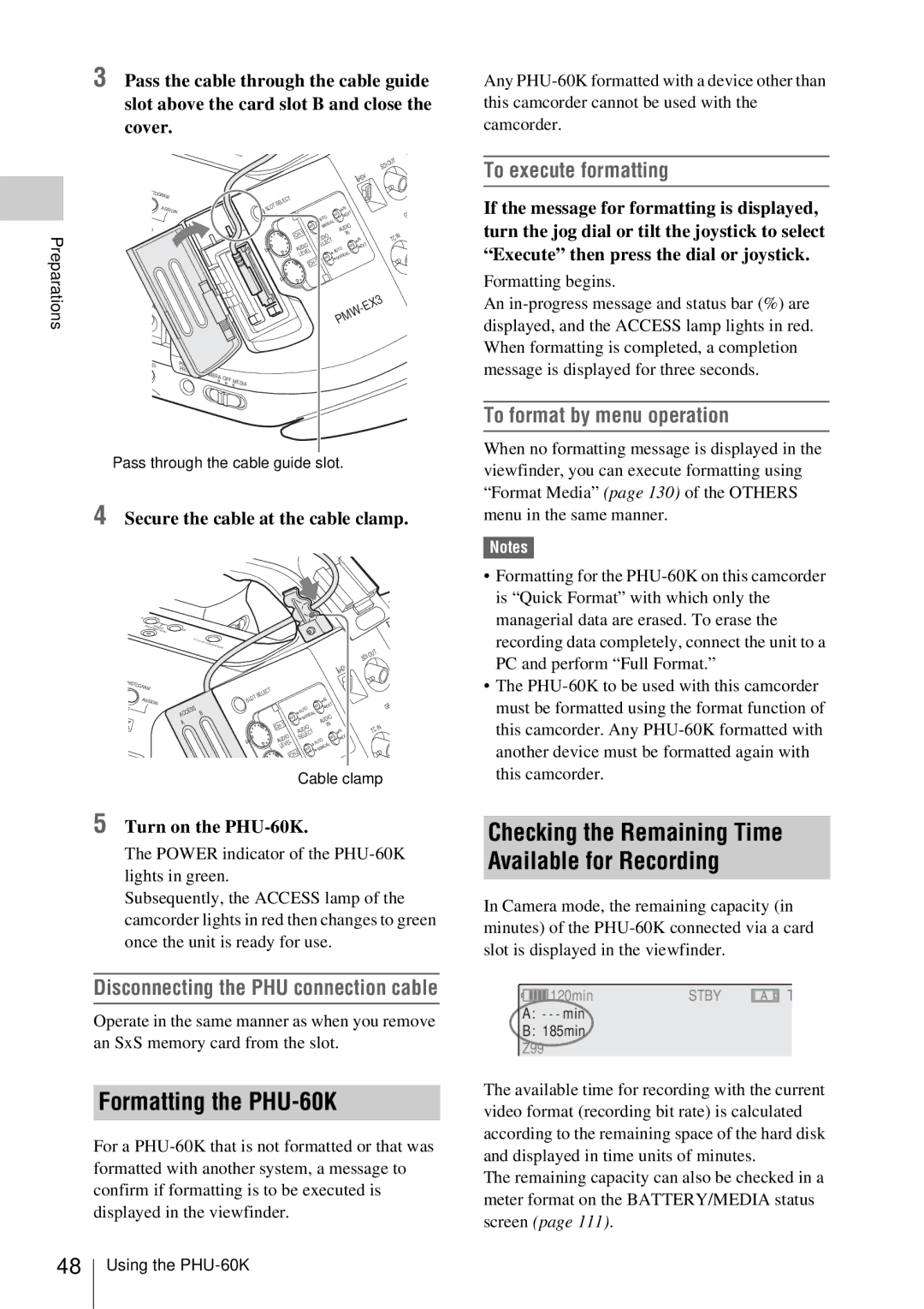 Sony PMW-EX3 manual Formatting the PHU-60K, Disconnecting the PHU connection cable, Secure the cable at the cable clamp 