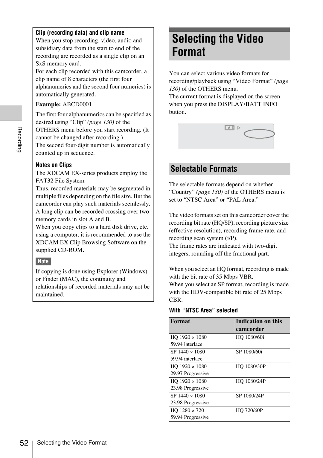 Sony PMW-EX3 Selecting the Video Format, Selectable Formats, Clip recording data and clip name, With Ntsc Area selected 