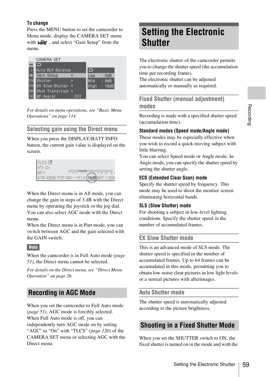 Sony PMW-EX3 manual Setting the Electronic Shutter, Recording in AGC Mode 