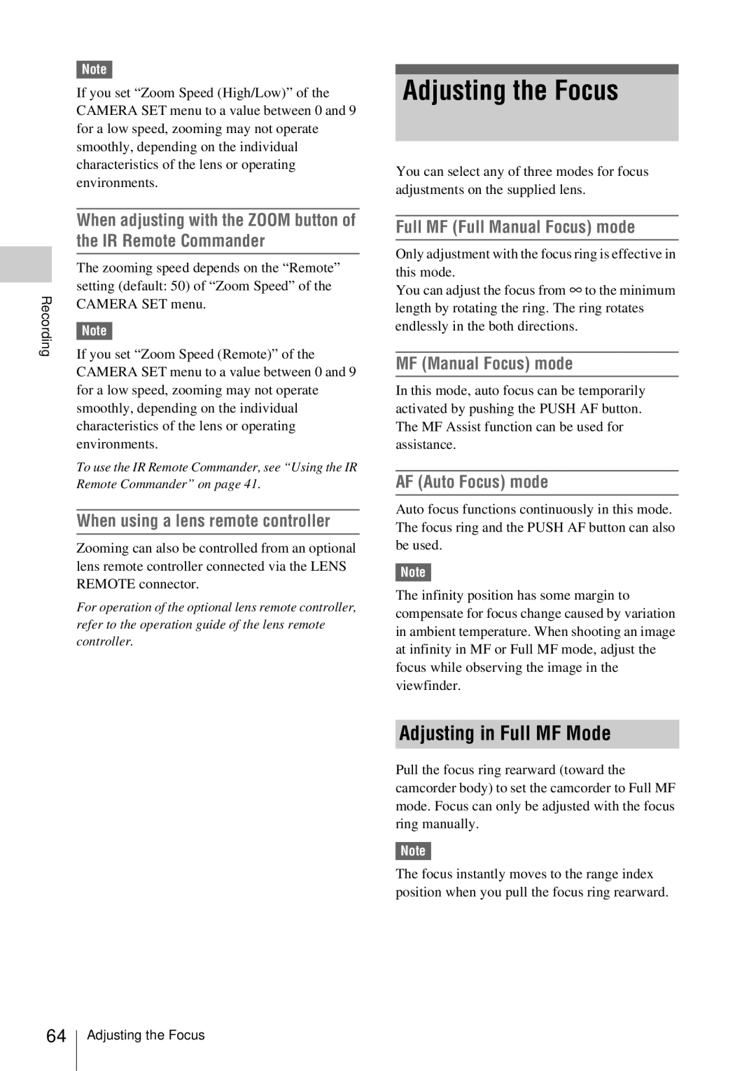 Sony PMW-EX3 manual Adjusting the Focus, Adjusting in Full MF Mode 