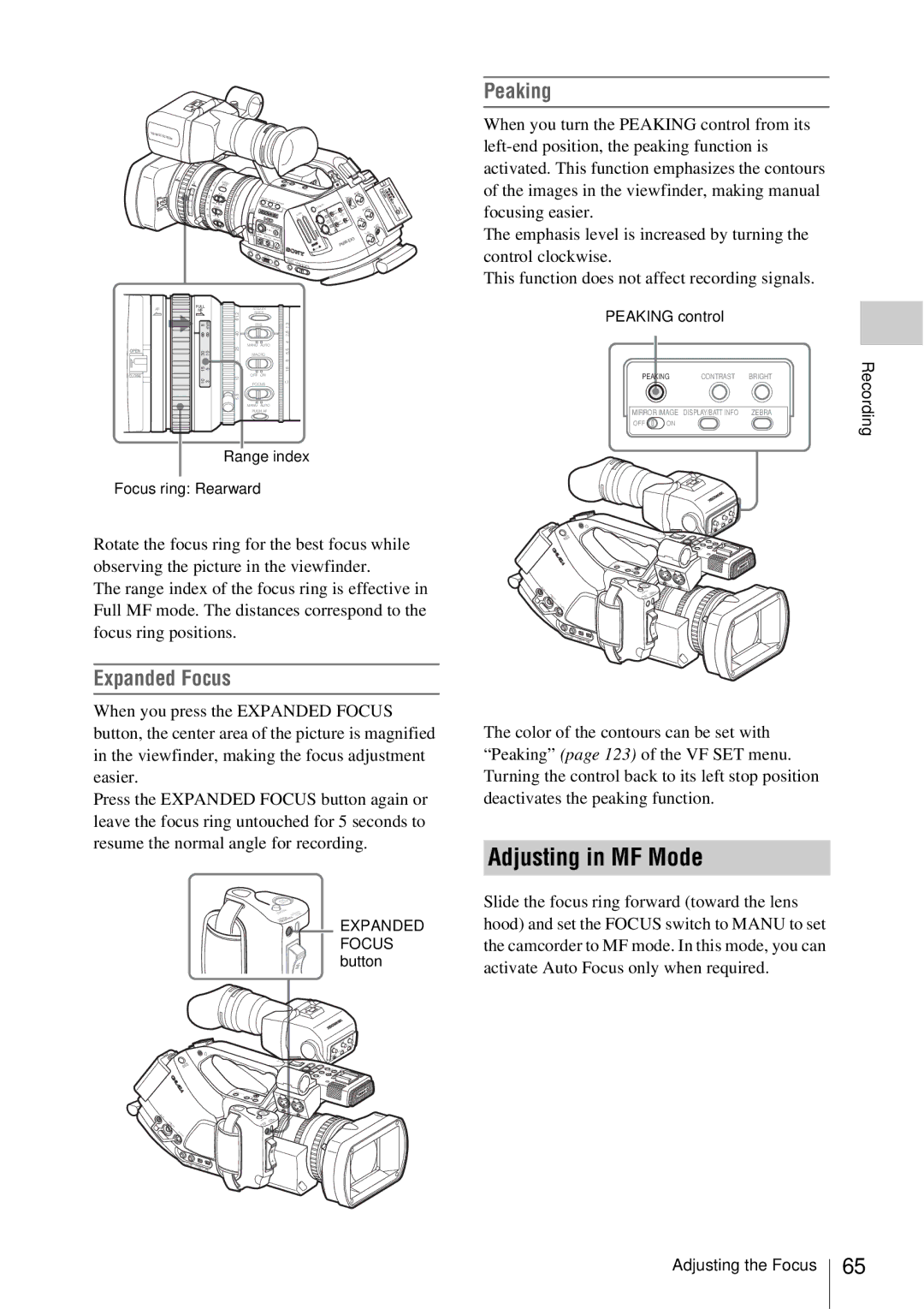 Sony PMW-EX3 manual Adjusting in MF Mode, Expanded Focus, Peaking 