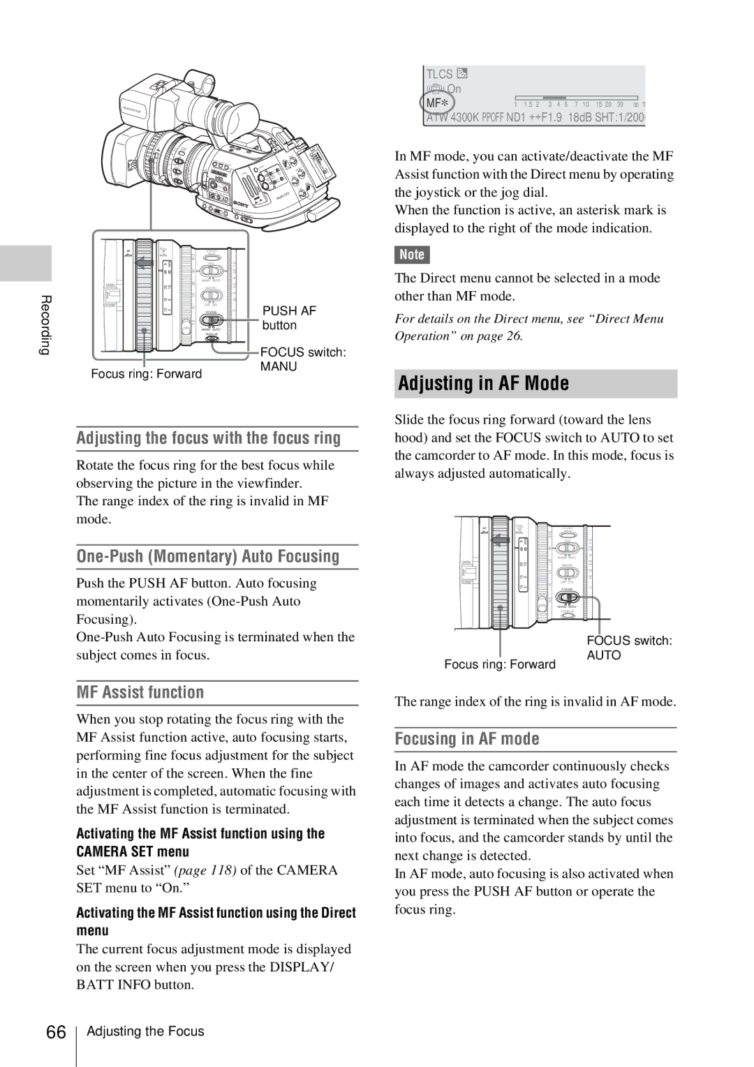 Sony PMW-EX3 manual Adjusting in AF Mode, MF Assist function, Focusing in AF mode, Adjusting the focus with the focus ring 