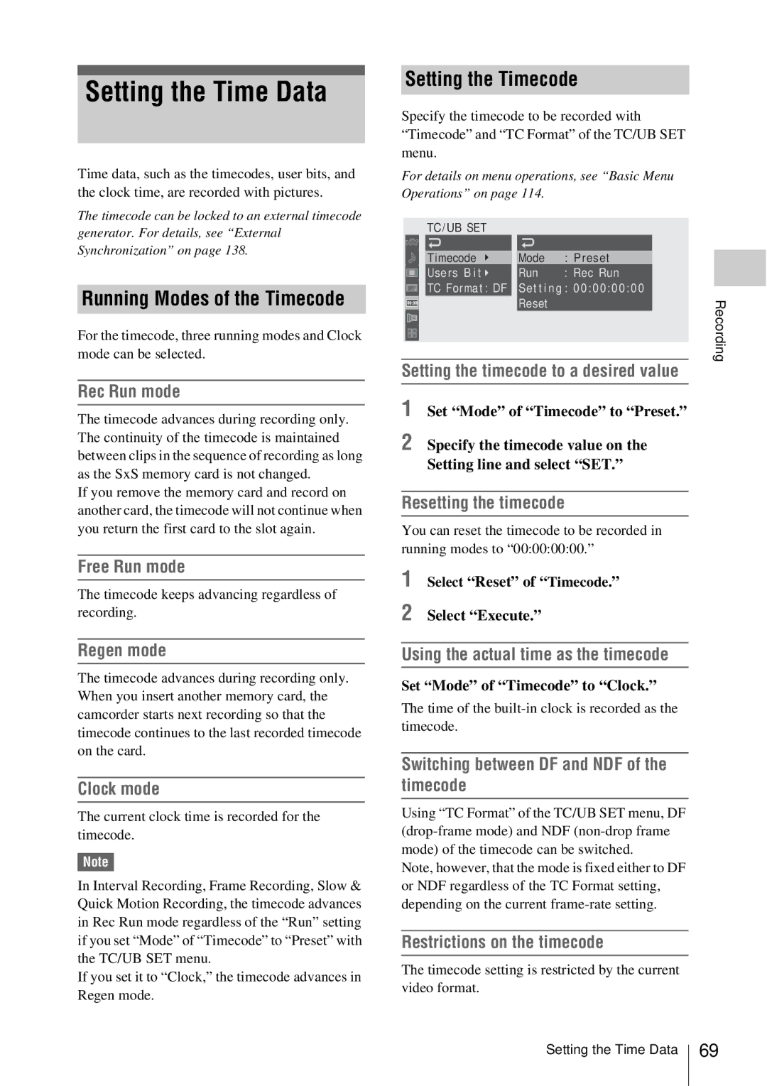 Sony PMW-EX3 manual Setting the Time Data, Running Modes of the Timecode, Setting the Timecode 