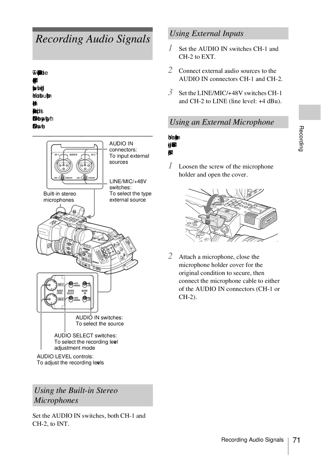 Sony PMW-EX3 manual Using the Built-in Stereo Microphones, Using External Inputs, Using an External Microphone 