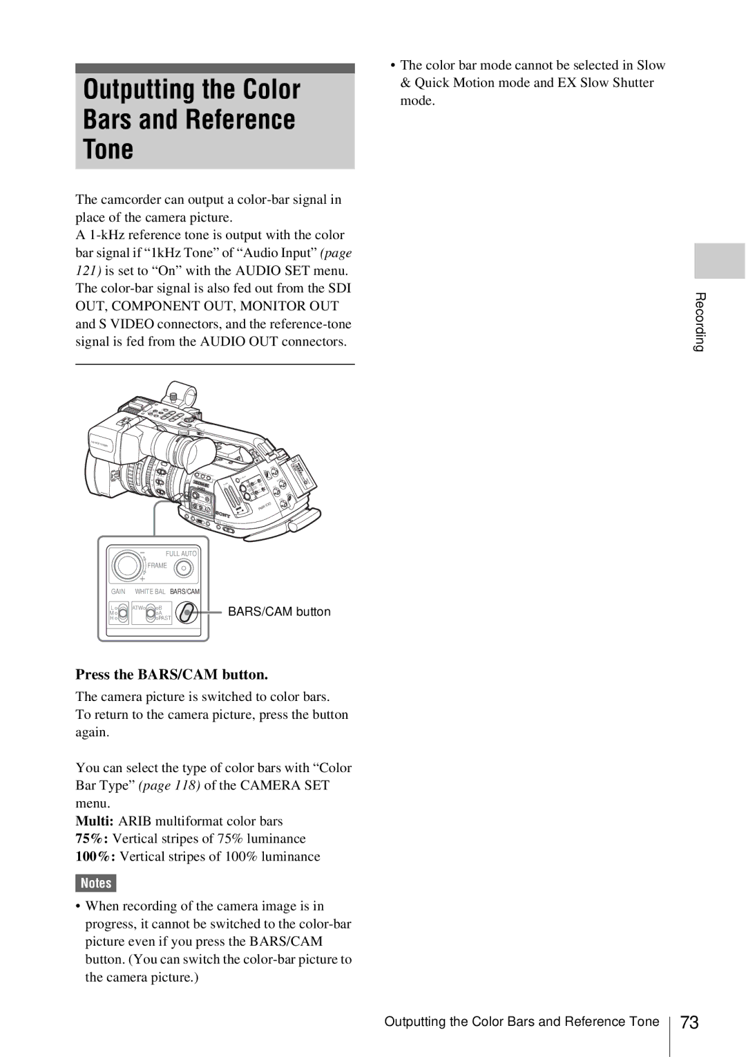 Sony PMW-EX3 manual Outputting the Color Bars and Reference Tone, Press the BARS/CAM button 