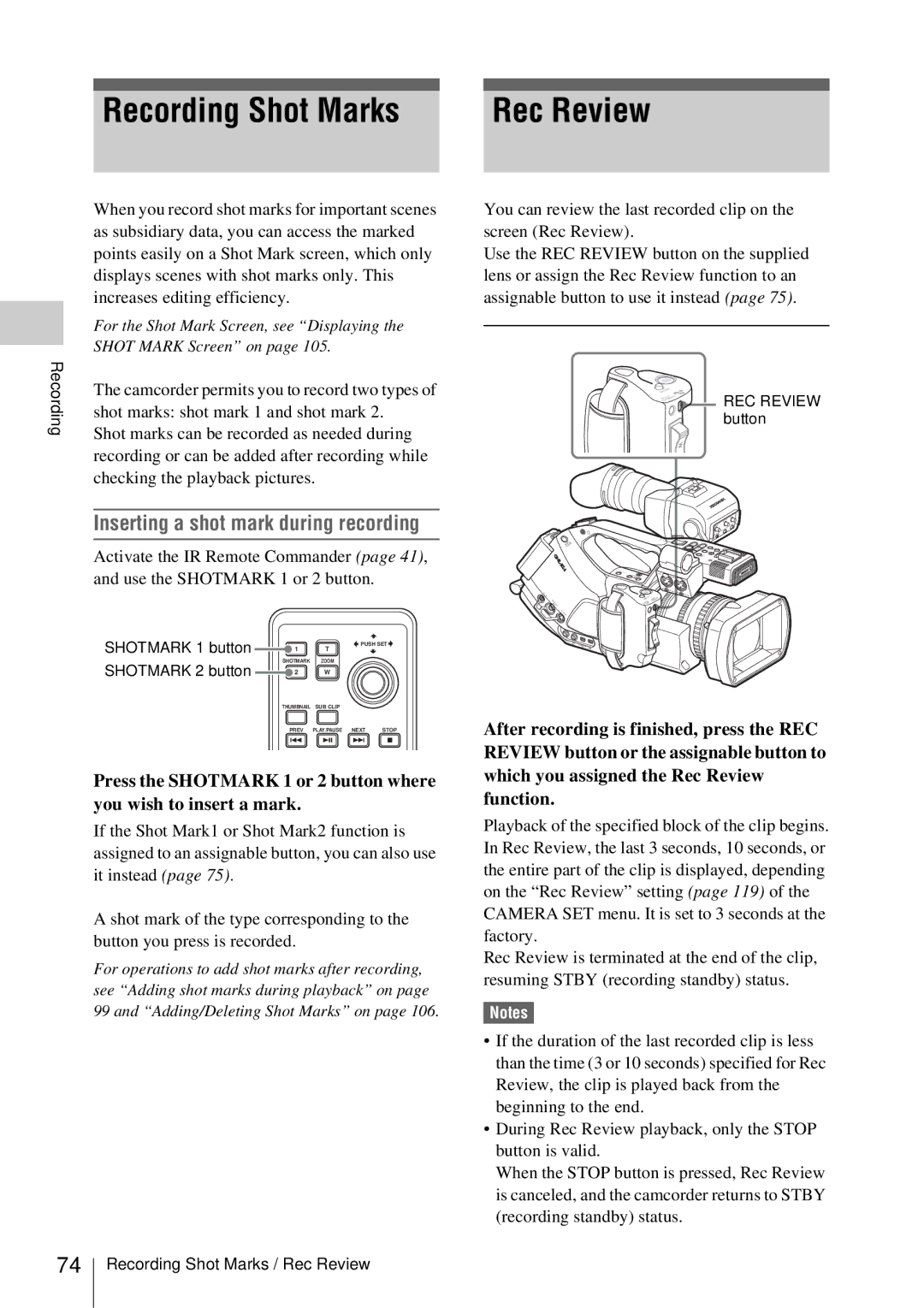 Sony PMW-EX3 manual Rec Review, Inserting a shot mark during recording 