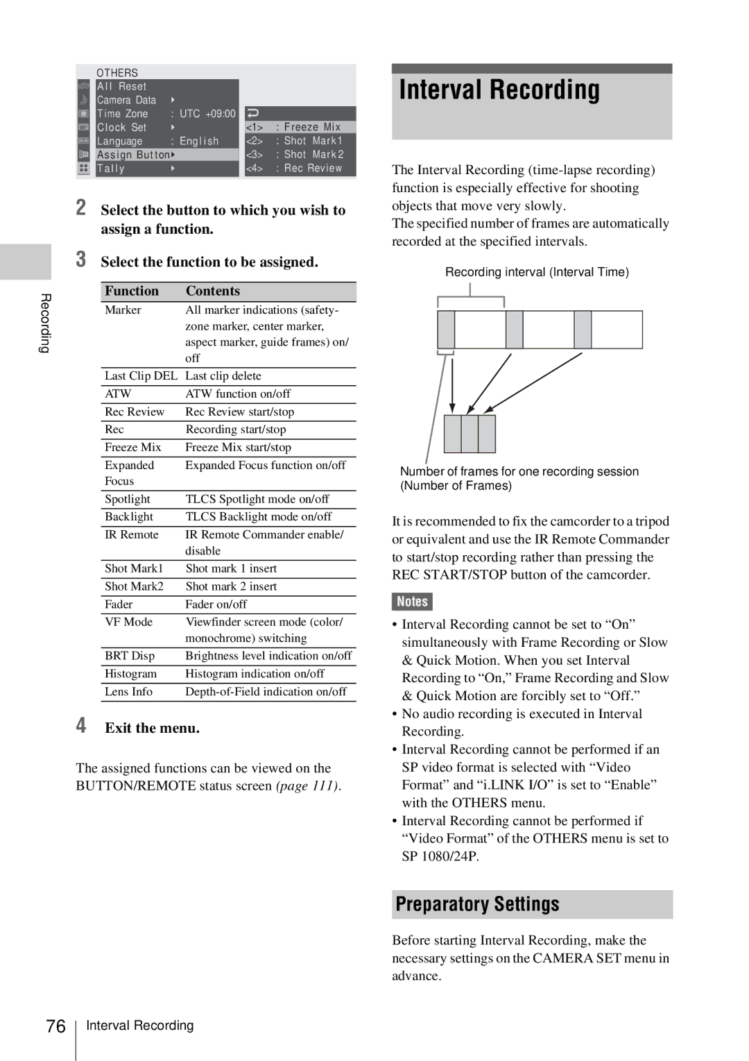 Sony PMW-EX3 manual Interval Recording, Preparatory Settings, Exit the menu, Objects that move very slowly 