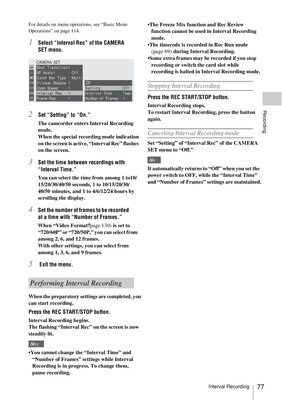 Sony PMW-EX3 manual Performing Interval Recording, Stopping Interval Recording, Canceling Interval Recording mode 