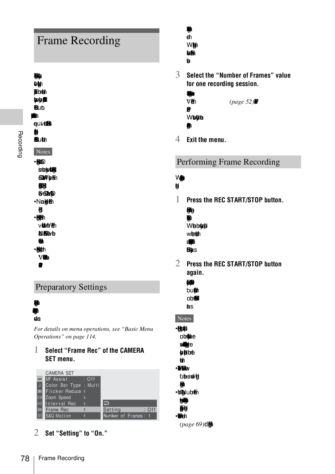 Sony PMW-EX3 manual Performing Frame Recording, Select Frame Rec of the Camera SET menu 