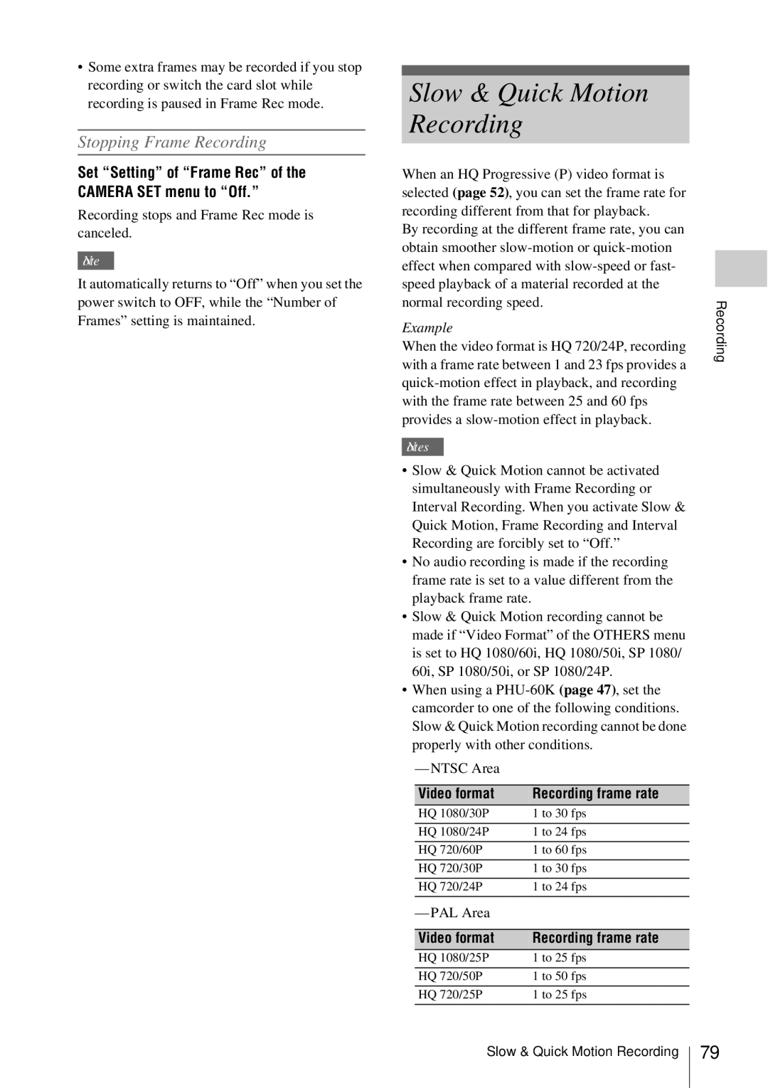 Sony PMW-EX3 manual Slow & Quick Motion Recording, Stopping Frame Recording, Example, Video format Recording frame rate 