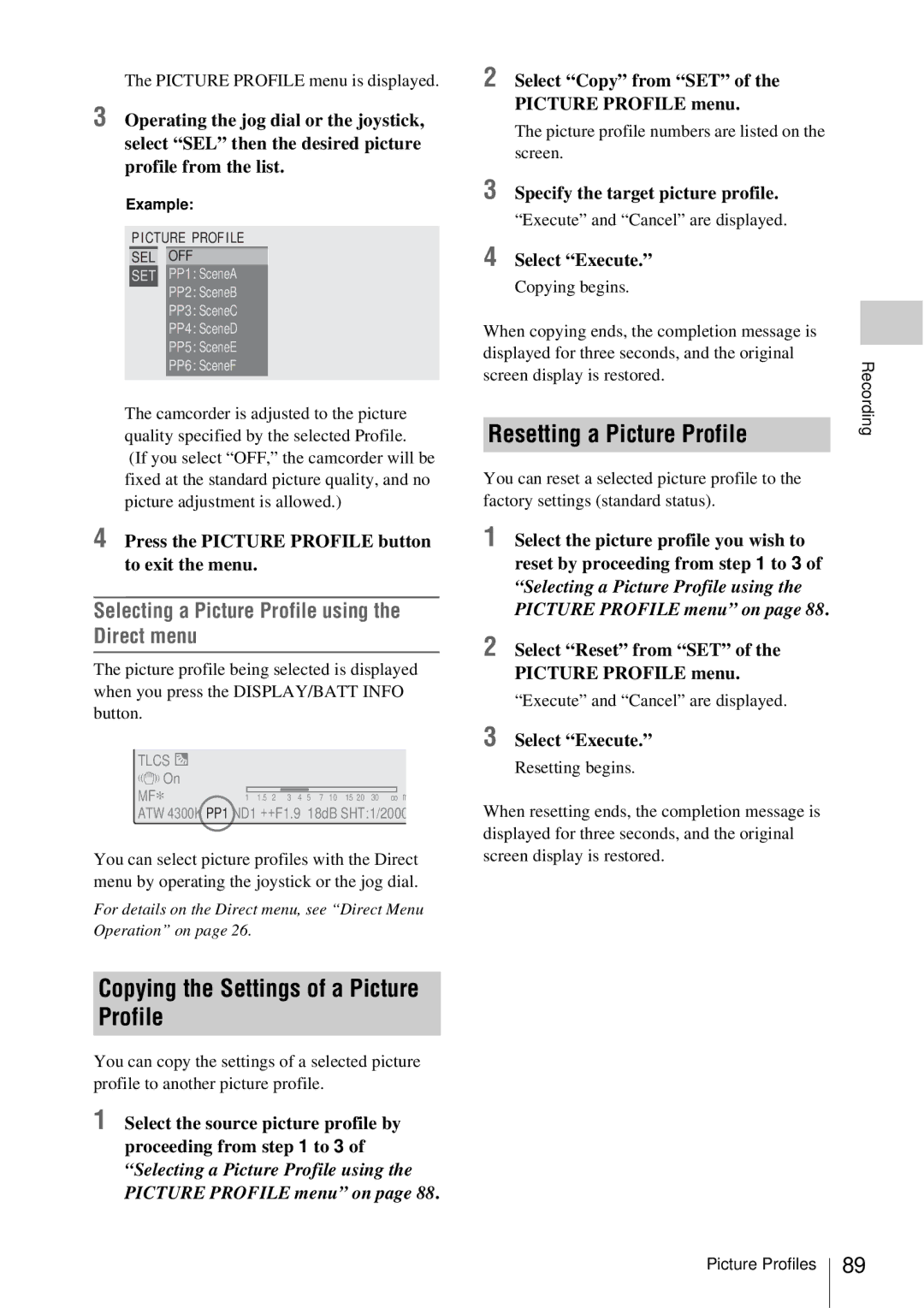 Sony PMW-EX3 manual Copying the Settings of a Picture Profile, Resetting a Picture Profile 