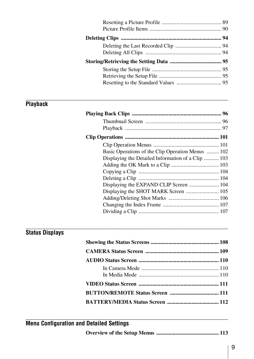 Sony PMW-EX3 manual Playback, Audio Status Screen, Video Status Screen, Overview of the Setup Menus 