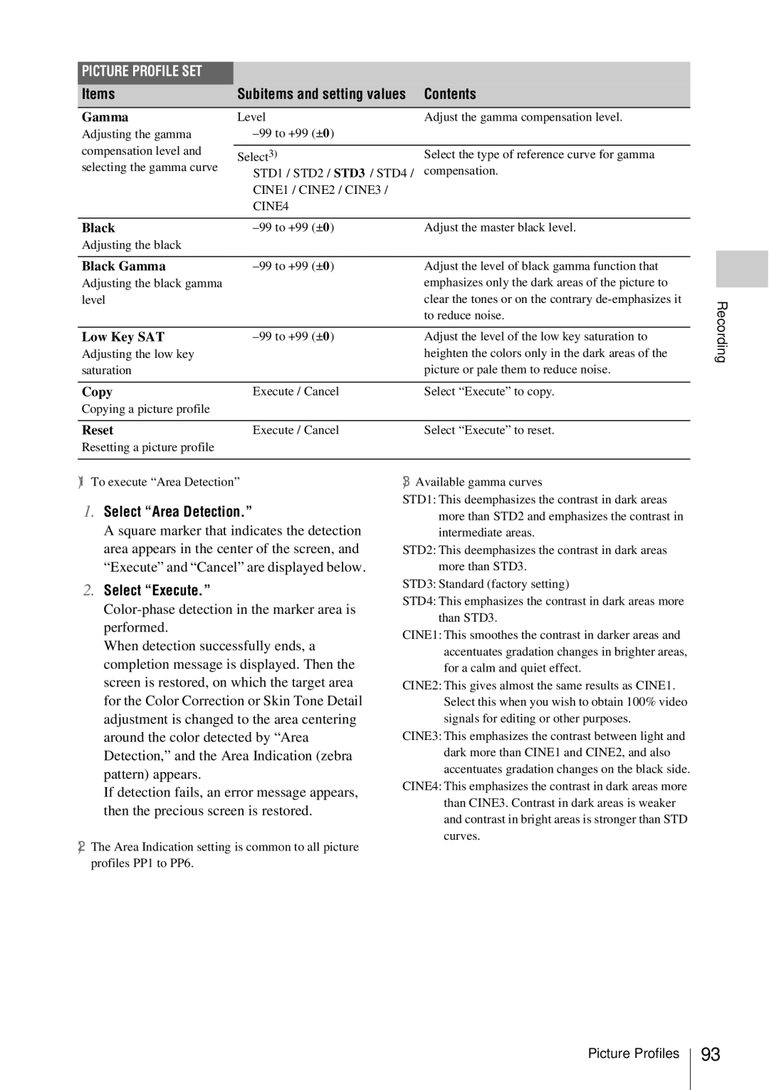 Sony PMW-EX3 manual Select Area Detection 