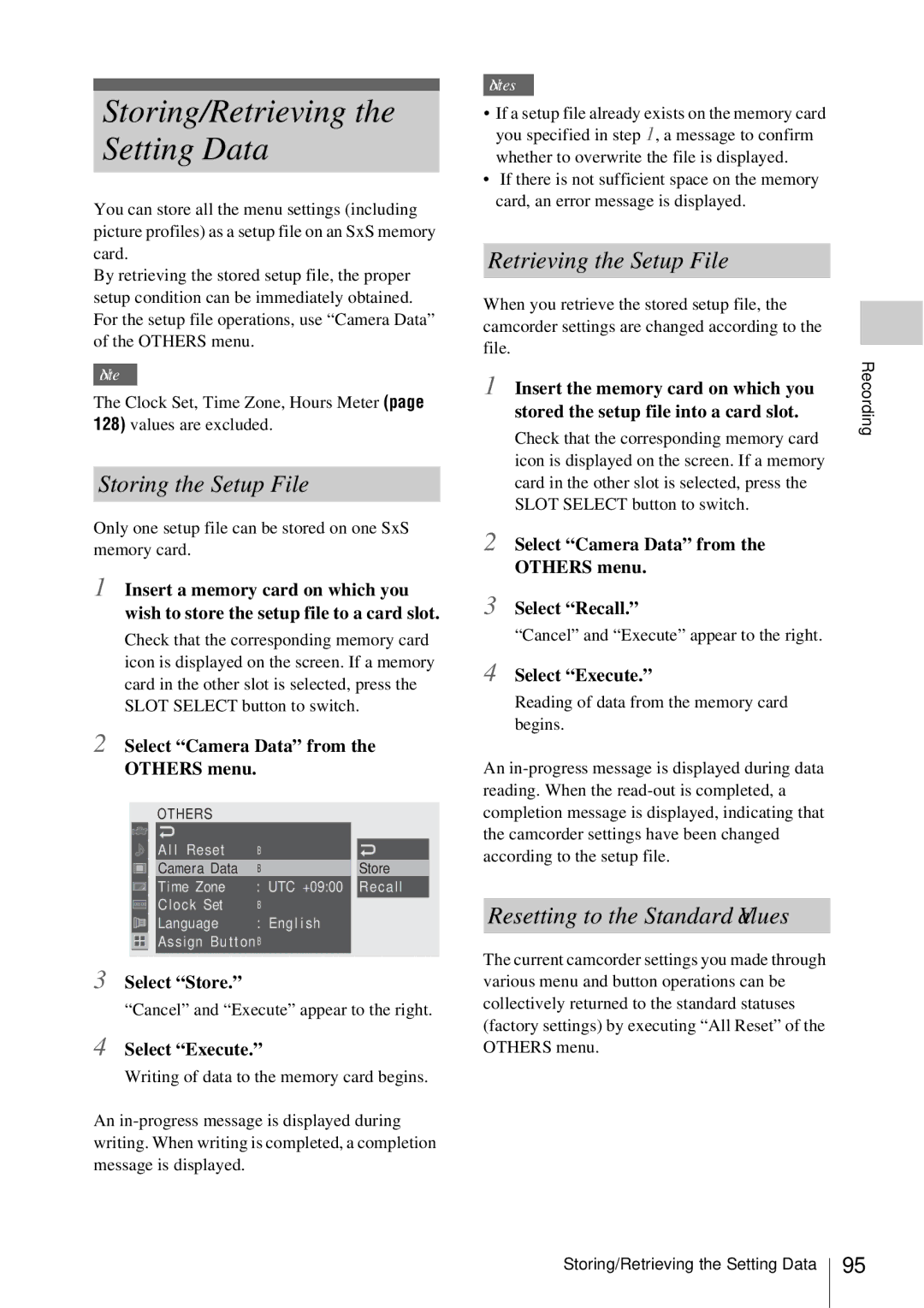 Sony PMW-EX3 manual Storing/Retrieving the Setting Data, Storing the Setup File, Retrieving the Setup File 