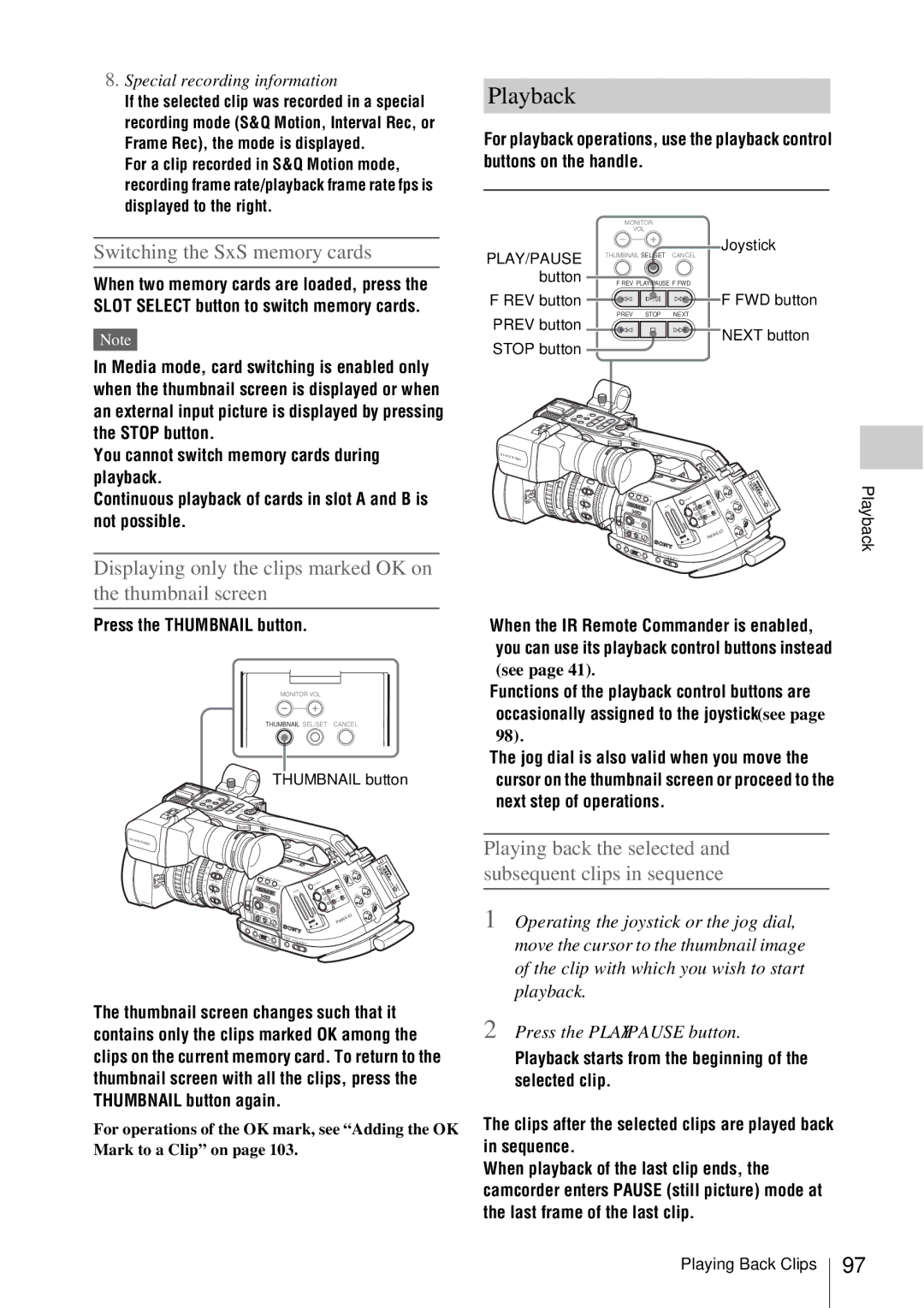 Sony PMW-EX3 manual Playback, Switching the SxS memory cards, Displaying only the clips marked OK on the thumbnail screen 