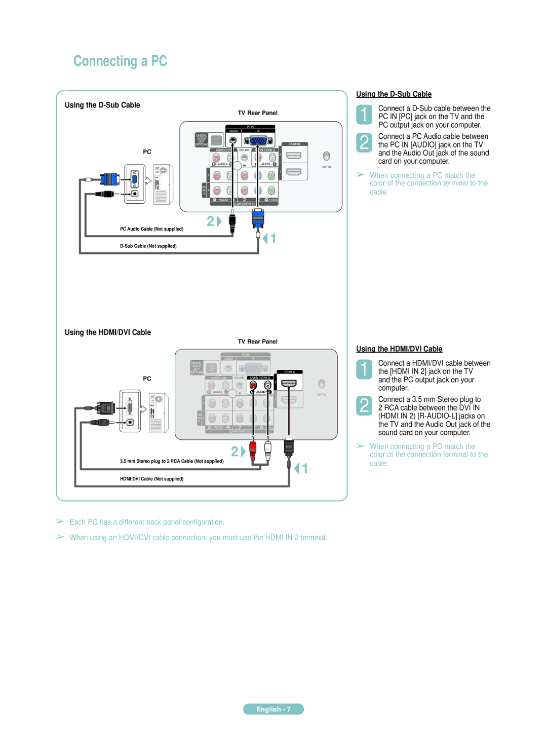 Sony PN50A550SF manual Connecting a PC, Using the D-Sub Cable, Using the HDMI/DVI Cable 