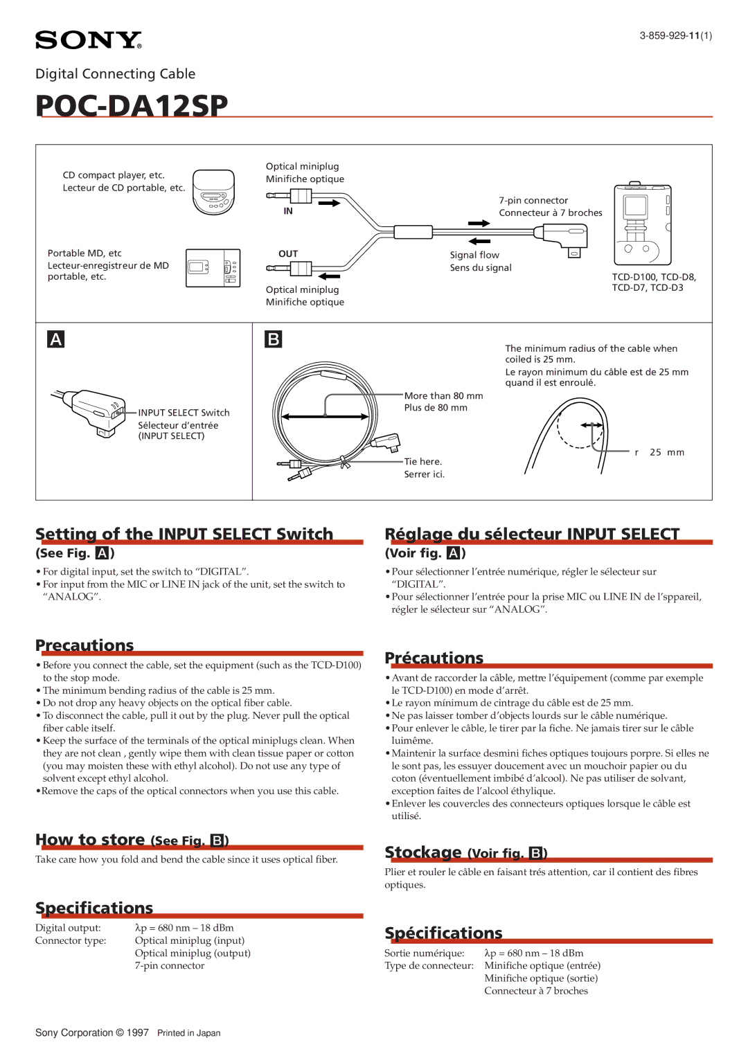 Sony POC-DA12SP specifications Setting of the Input Select Switch, Réglage du sélecteur Input Select, Precautions 