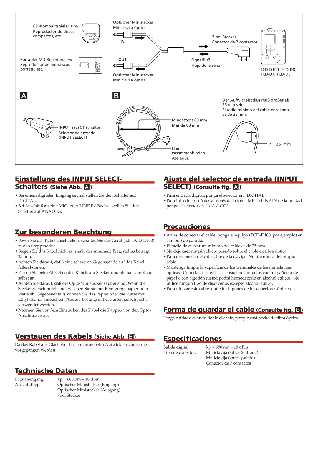 Sony POC-DA12SP specifications Zur besonderen Beachtung, Verstauen des Kabels Siehe Abb. B, Technische Daten, Precauciones 