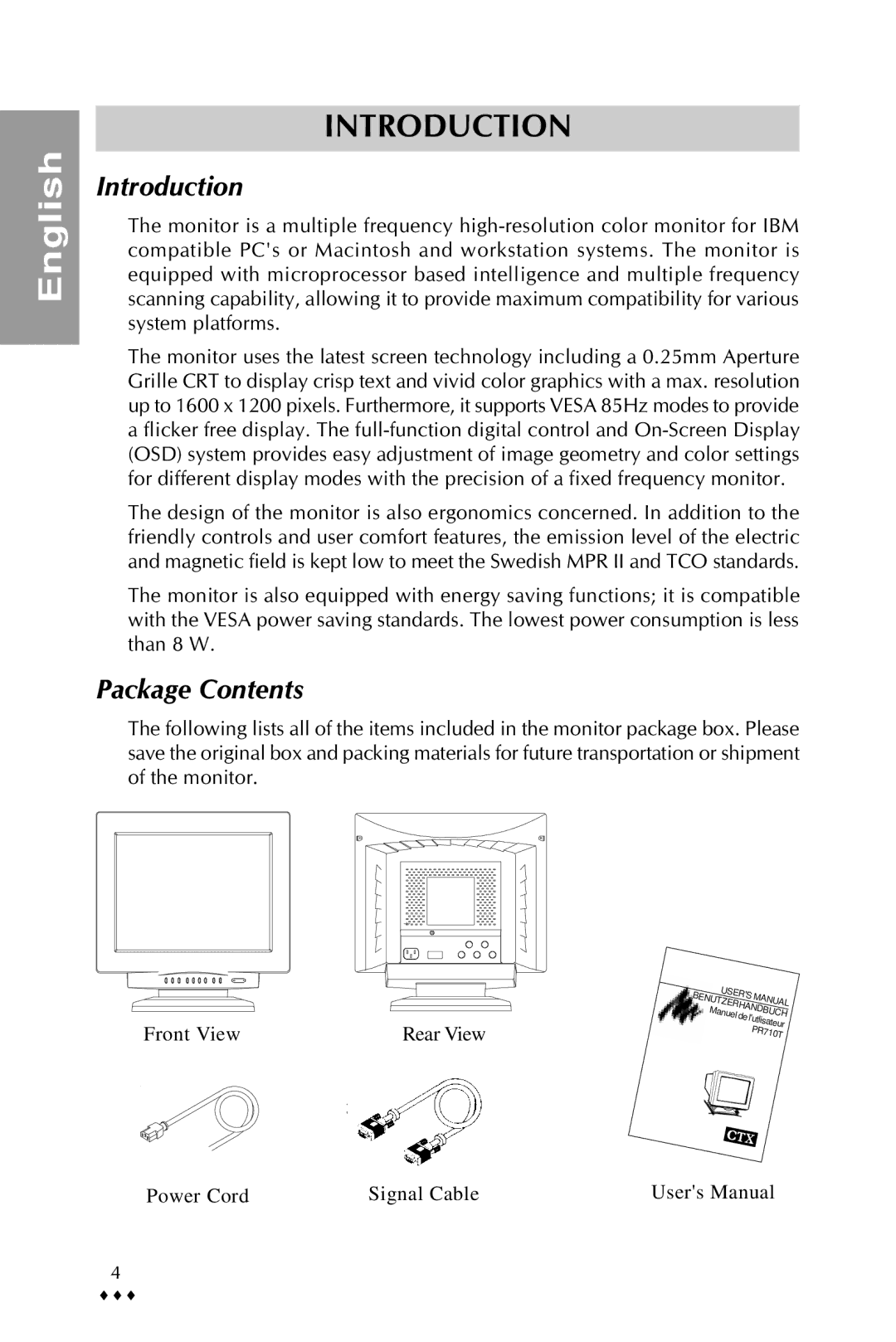 Sony pr710te specifications Introduction, Package Contents 