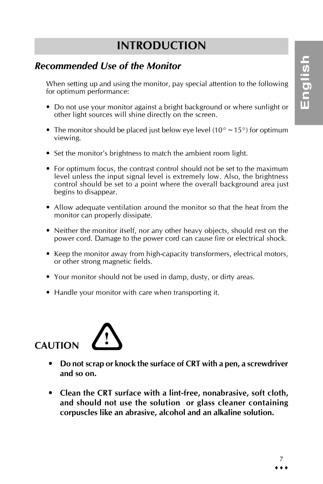 Sony pr710te specifications Recommended Use of the Monitor 