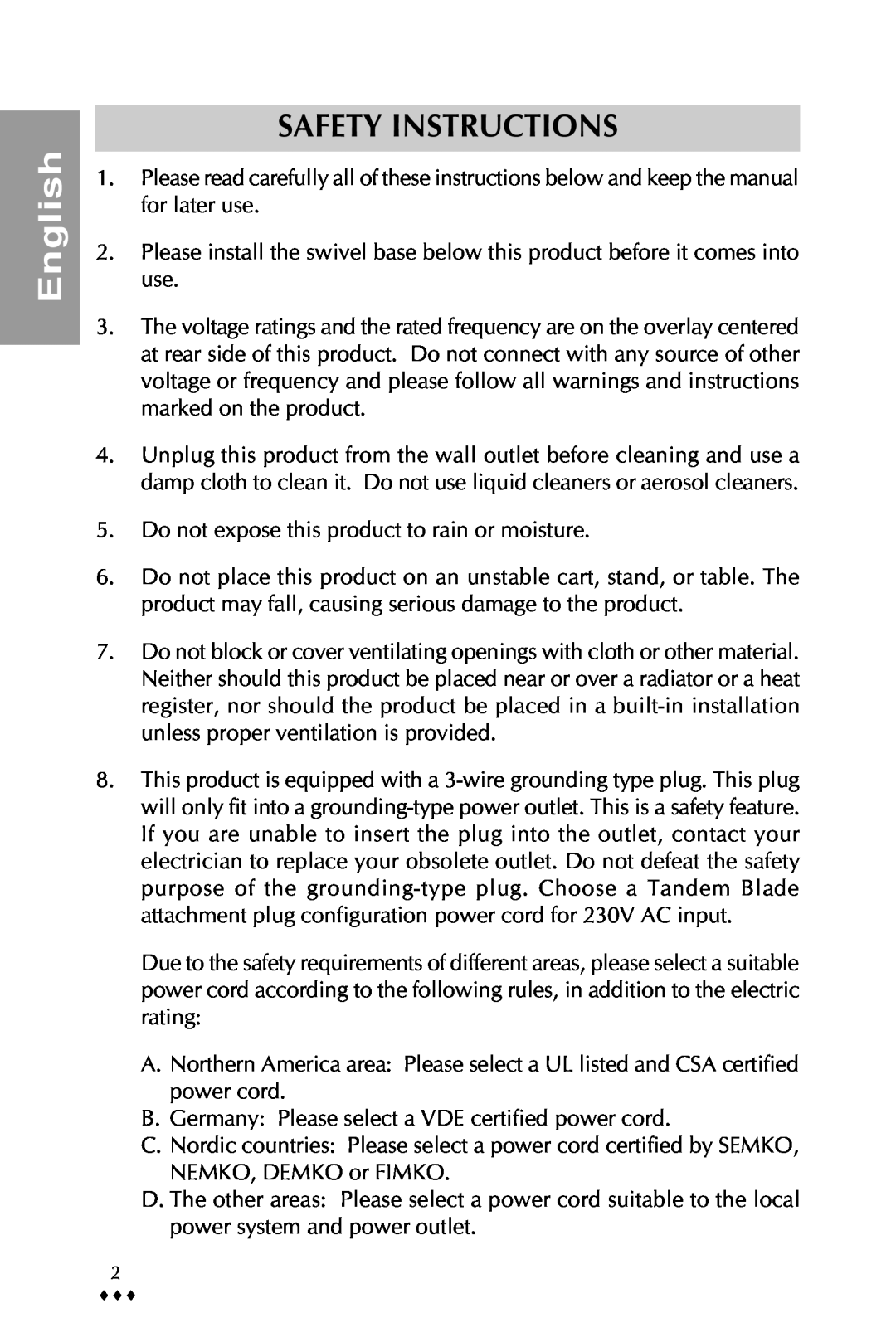 Sony pr710te specifications Safety Instructions, English 
