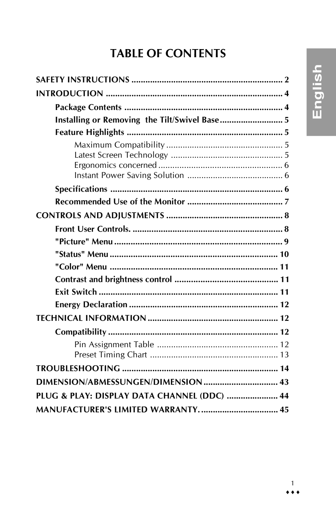 Sony PR711-711T-E specifications Table of Contents 