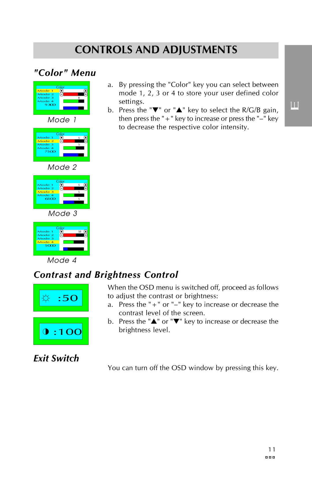 Sony PR711-711T-E specifications Color Menu, Contrast and Brightness Control, Exit Switch, Mode 