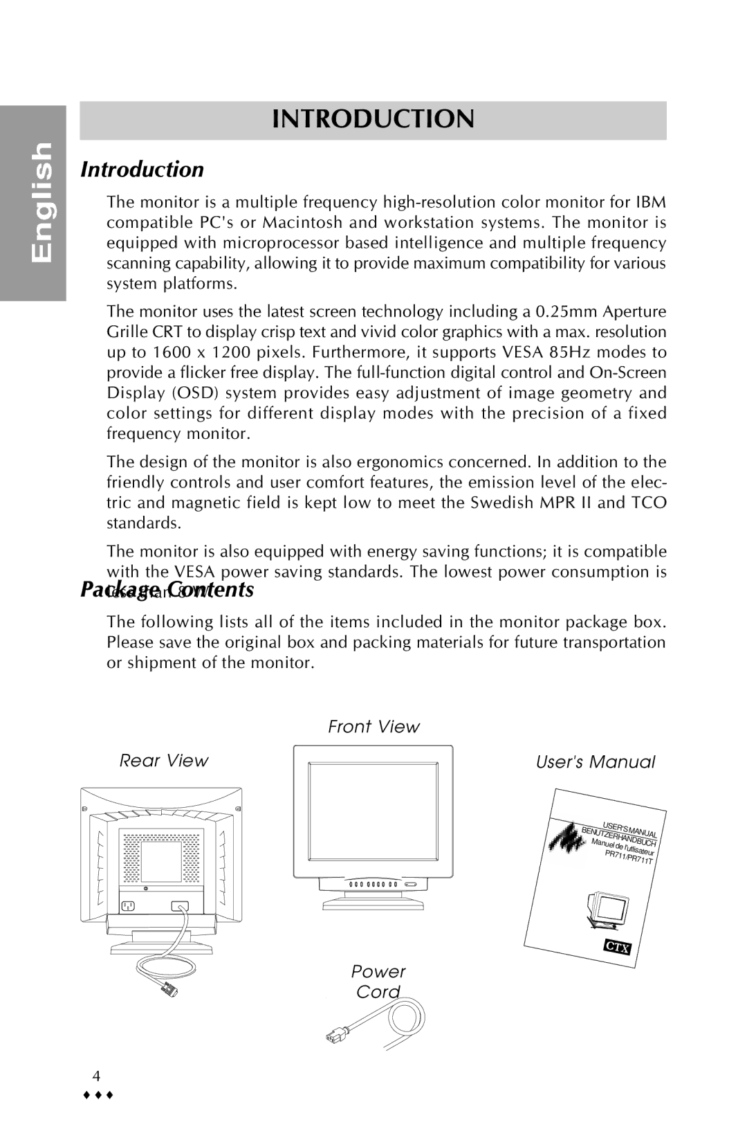 Sony PR711-711T-E specifications Introduction, Packageless thanContents8 W 