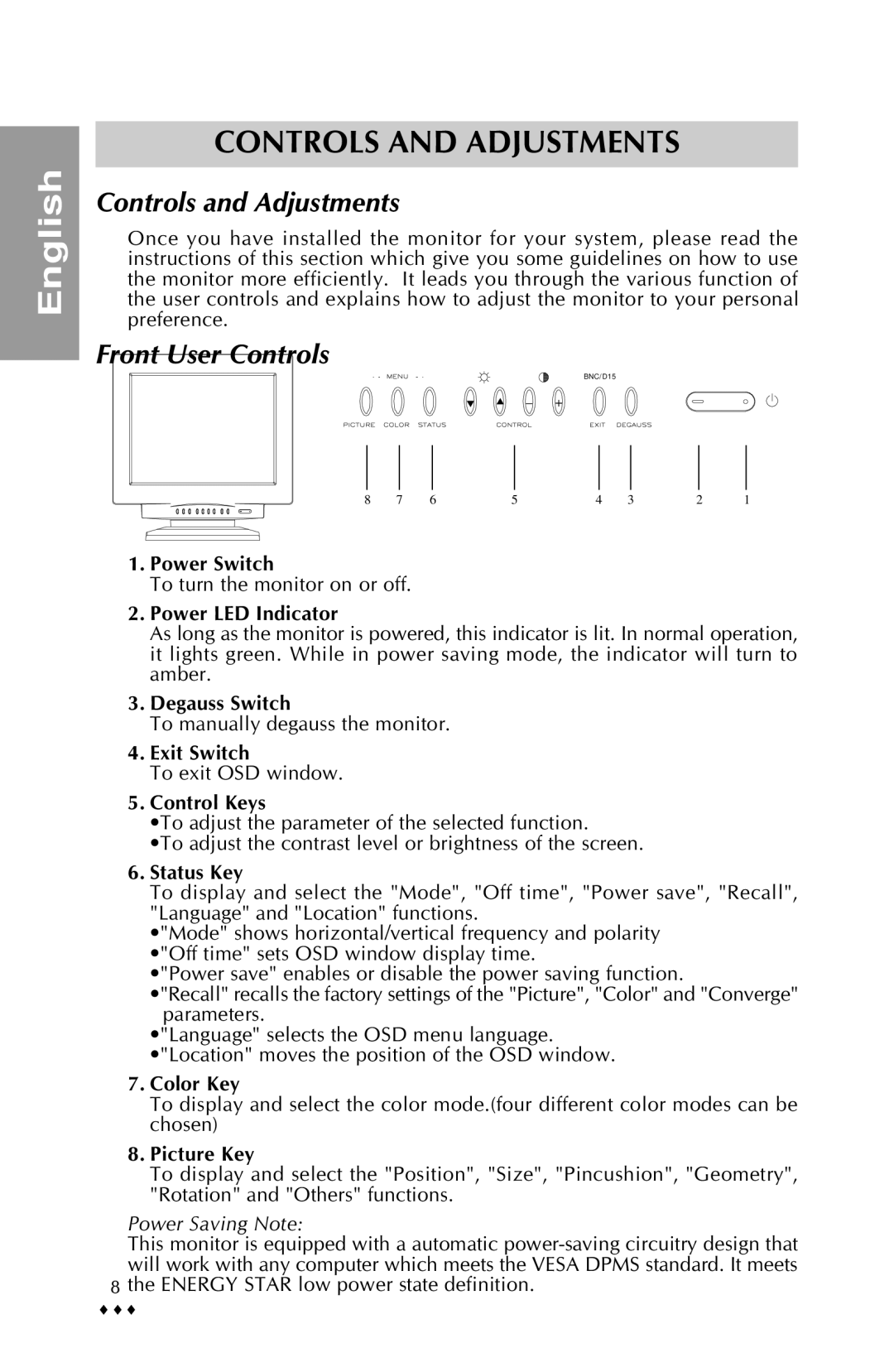 Sony PR711-711T-E specifications Controls and Adjustments, Front User Controls, Energy Star low power state definition 