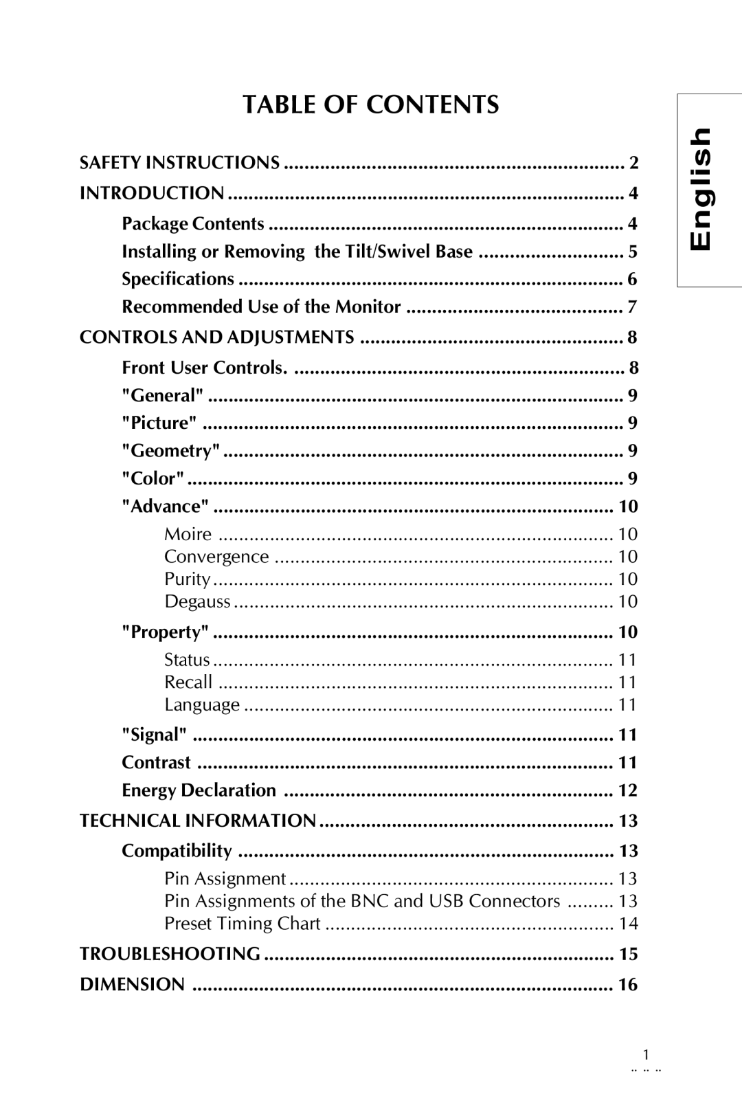 Sony pr960f specifications Table of Contents 