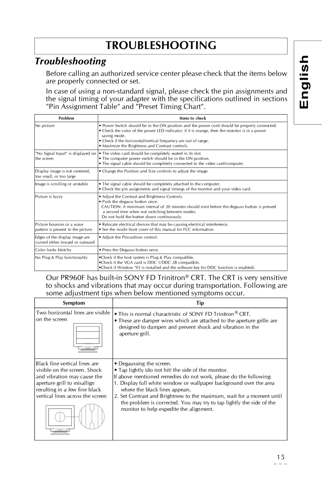 Sony pr960f specifications Troubleshooting 