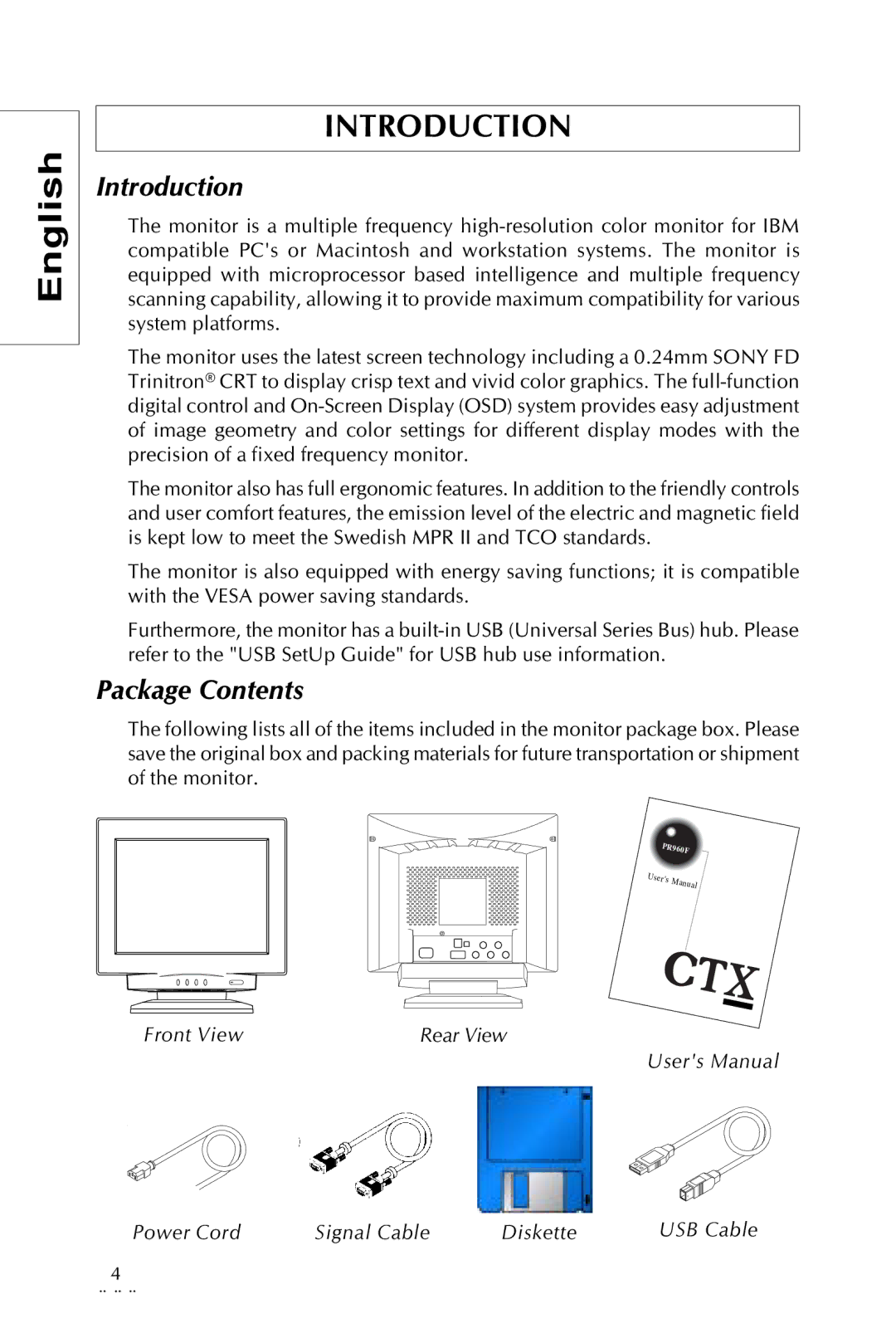 Sony pr960f specifications Introduction, Package Contents 