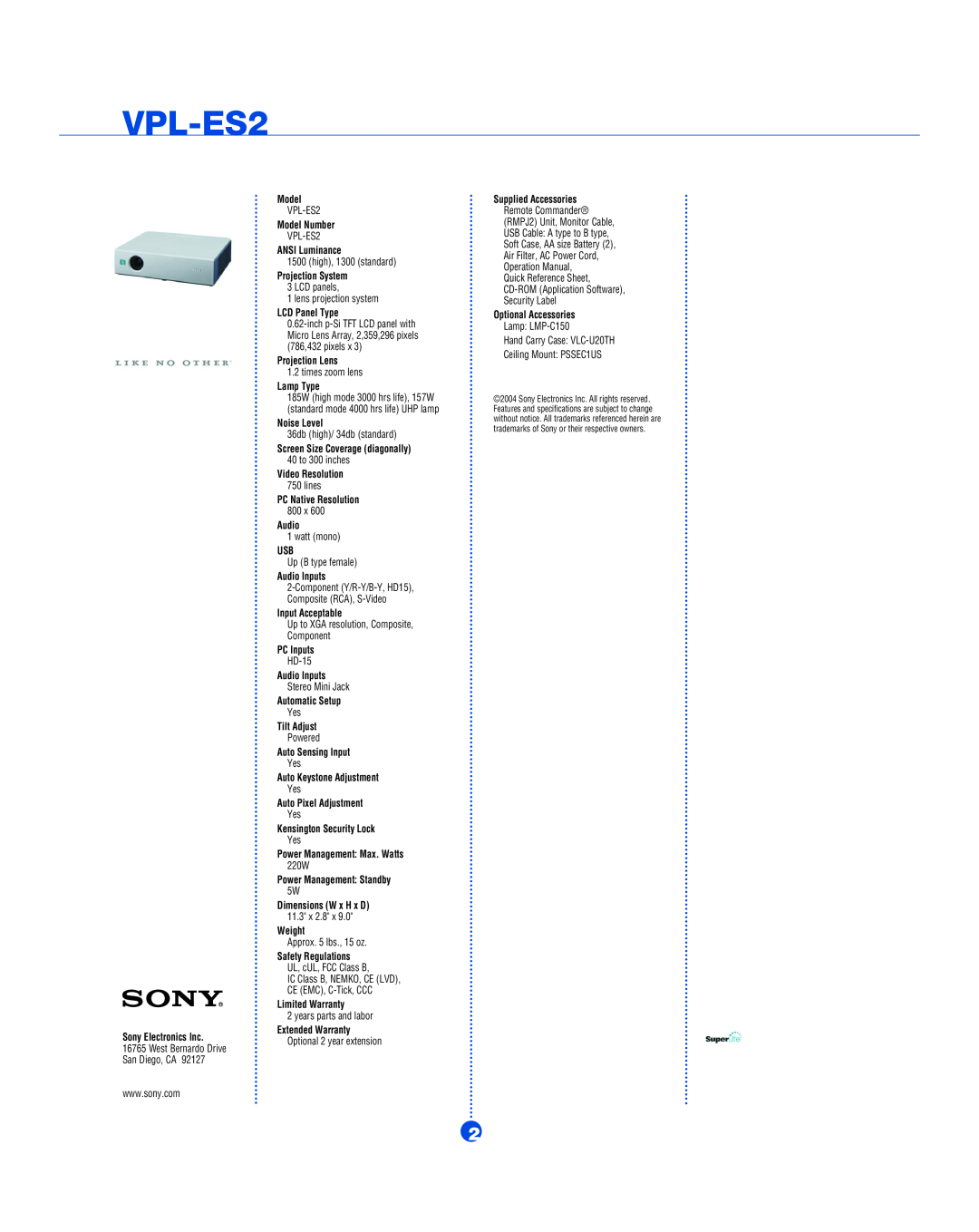 Sony 330, Projector manual VPL-ES2, Component Y/R-Y/B-Y, HD15, Composite RCA, S-Video 